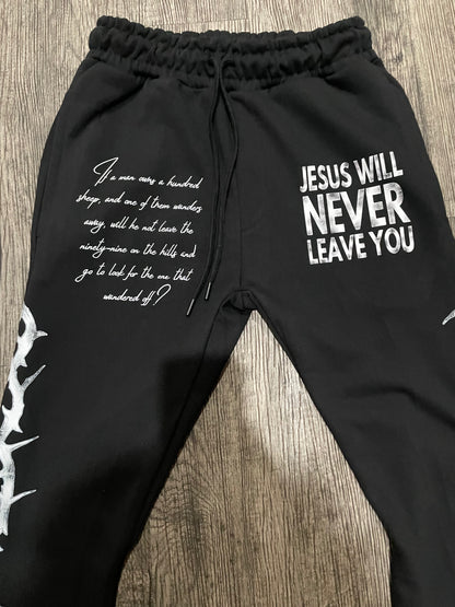 'Jesus Will Never Leave' Flared Joggers