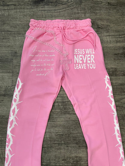 'Jesus Will Never Leave' Pink Flared Joggers